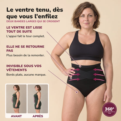 Le ventre tenu dès que vous l'enfilez, deux bandes larges qui se croisent